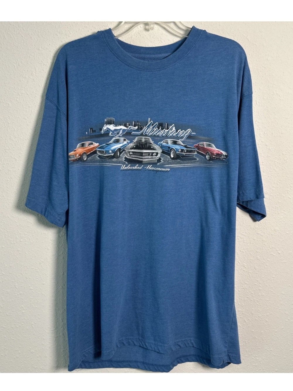 Ford Mustang Newport Blue T-Shirt Mens XL Blue Muscle Car Unleashed Horsepower